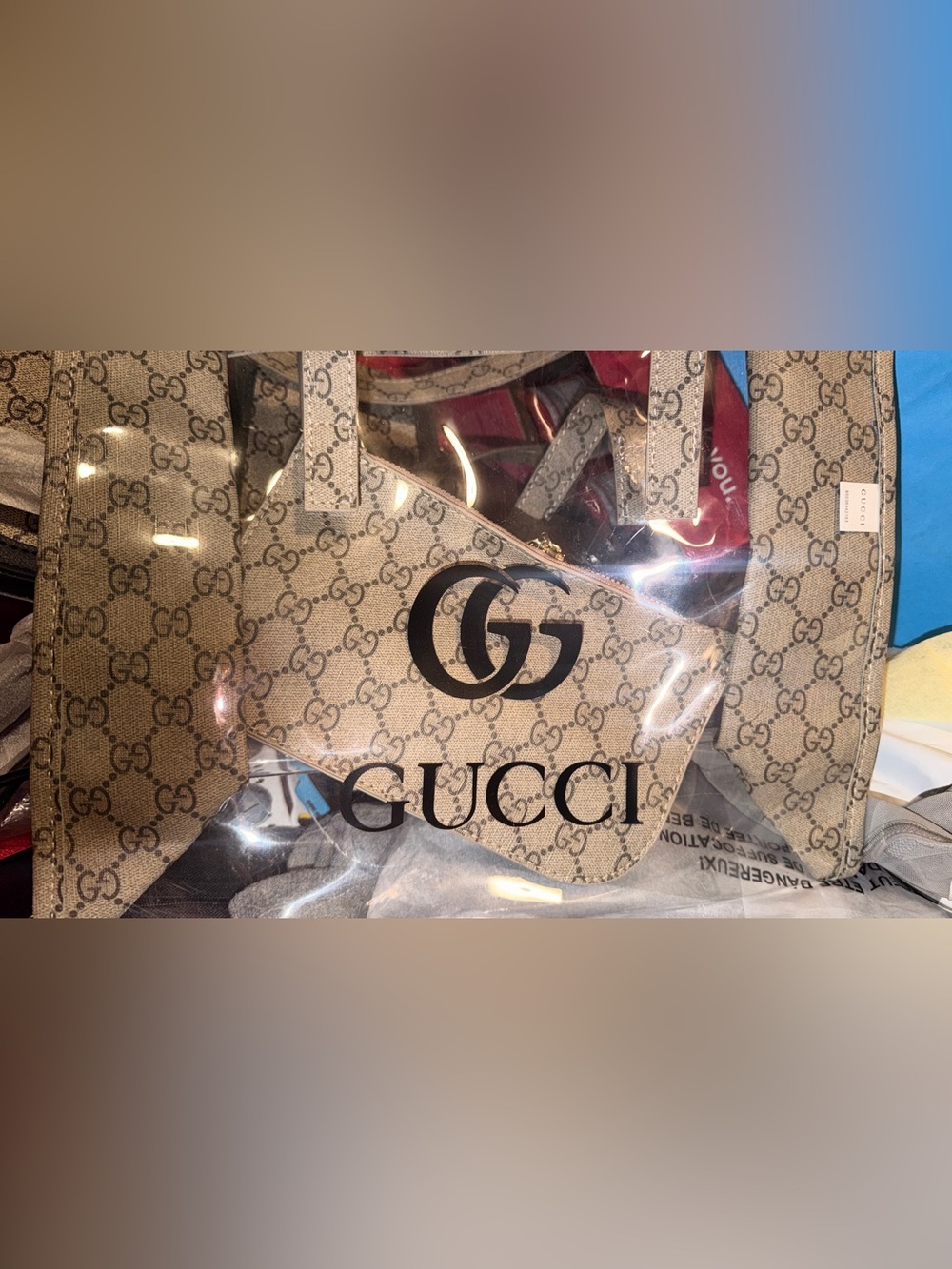 Beige Monogram Clear Tote with Black Logo